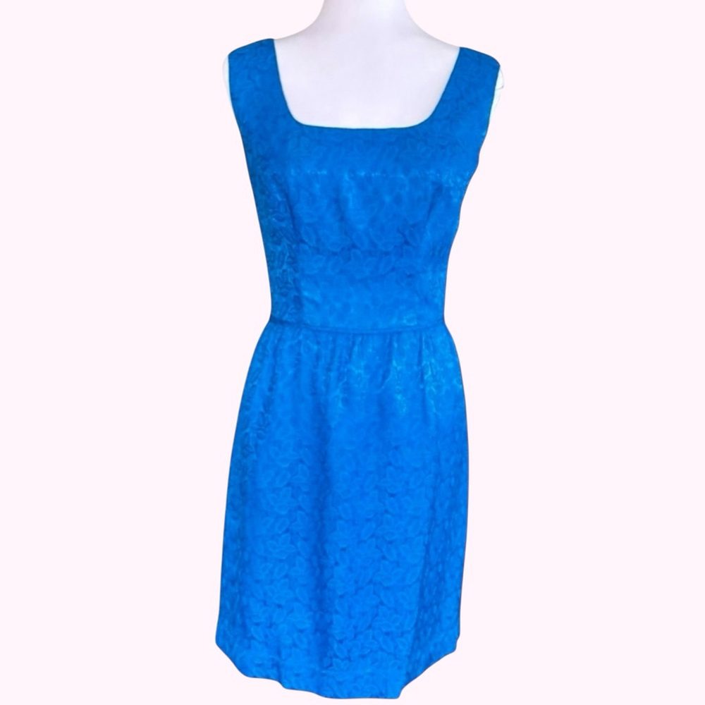 Vintage MCM Blue Satin Brocade Pencil Dress Small